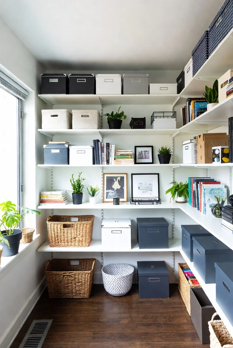 A small apartment room featuring floor-to-ceiling shelving units