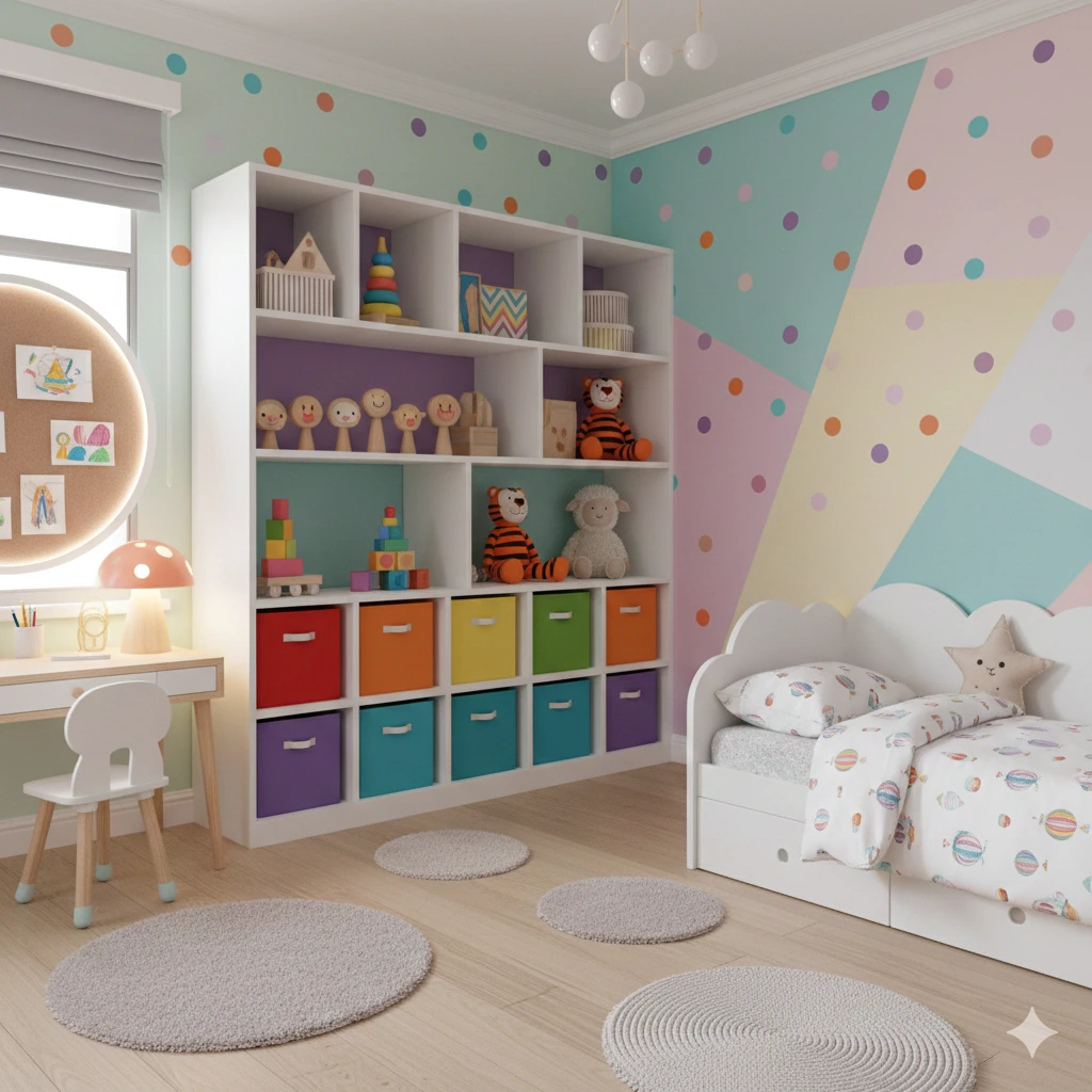 Colorful Kids Bedroom with Storage Solutions