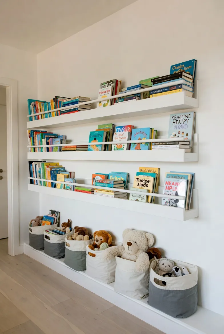 Wall-mounted white bookshelves maximize vertical space in a kids’ room, holding colorful children’s books on three levels, with soft fabric storage bins filled with stuffed toys neatly lined up on the floor below.