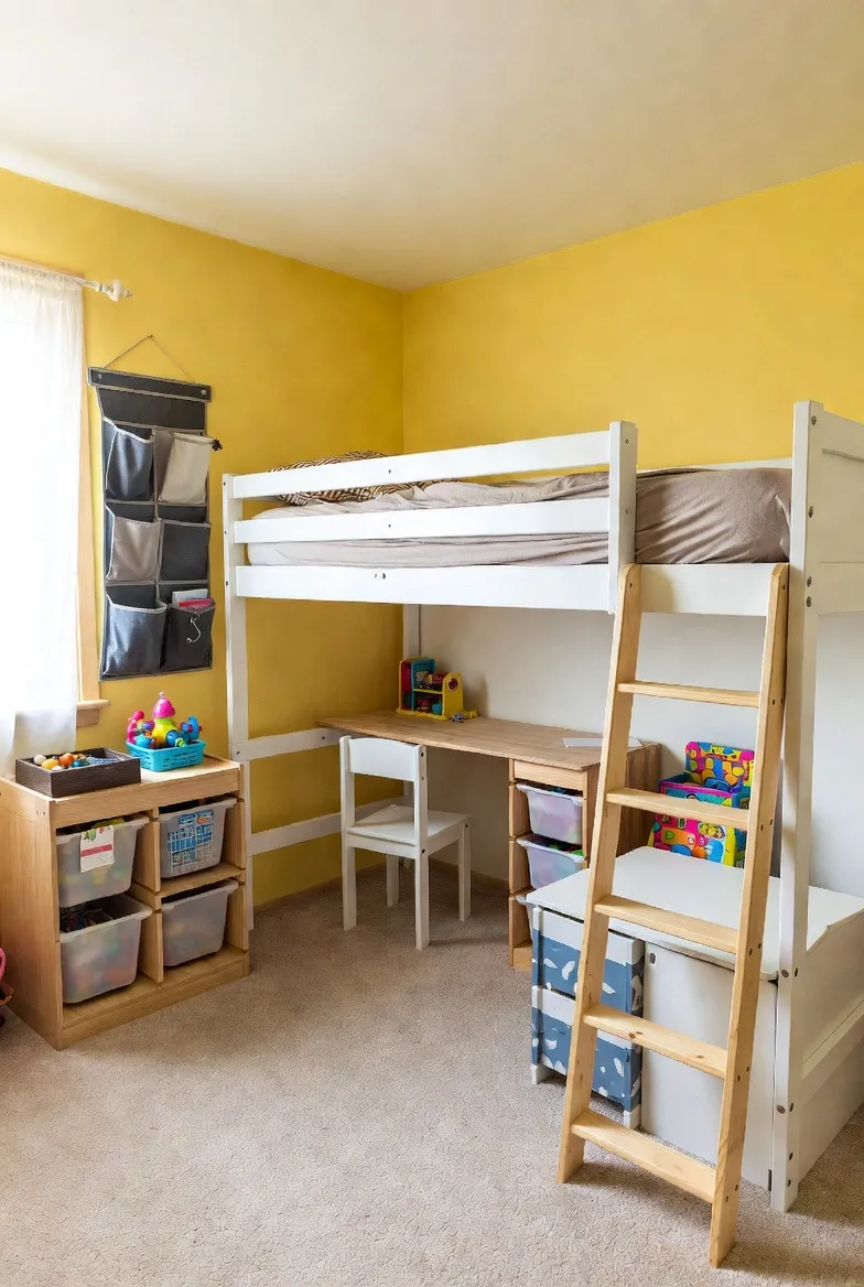 Small kids’ bedroom with a single bed under a bright window, colorful accent walls, and smart storage solutions including cube shelves, wall-mounted baskets, and toy organizers, creating an organized and space-efficient play and sleep area.
