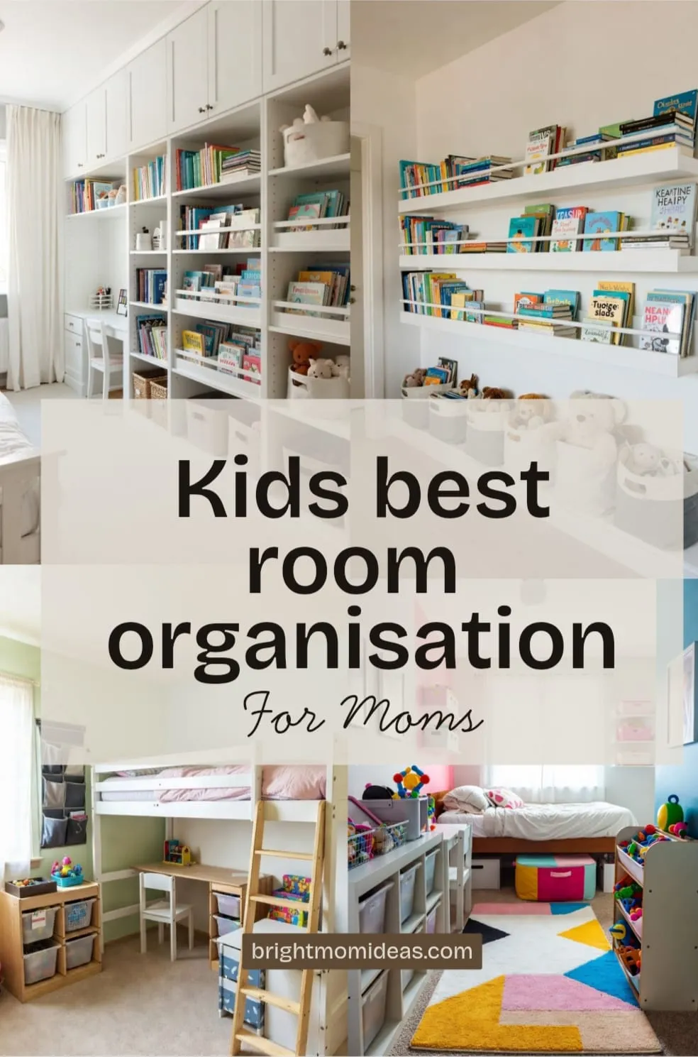 Wall-mounted white bookshelves maximize vertical space in a kids’ room, holding colorful children’s books on three levels, with soft fabric storage bins filled with stuffed toys neatly lined up on the floor below.