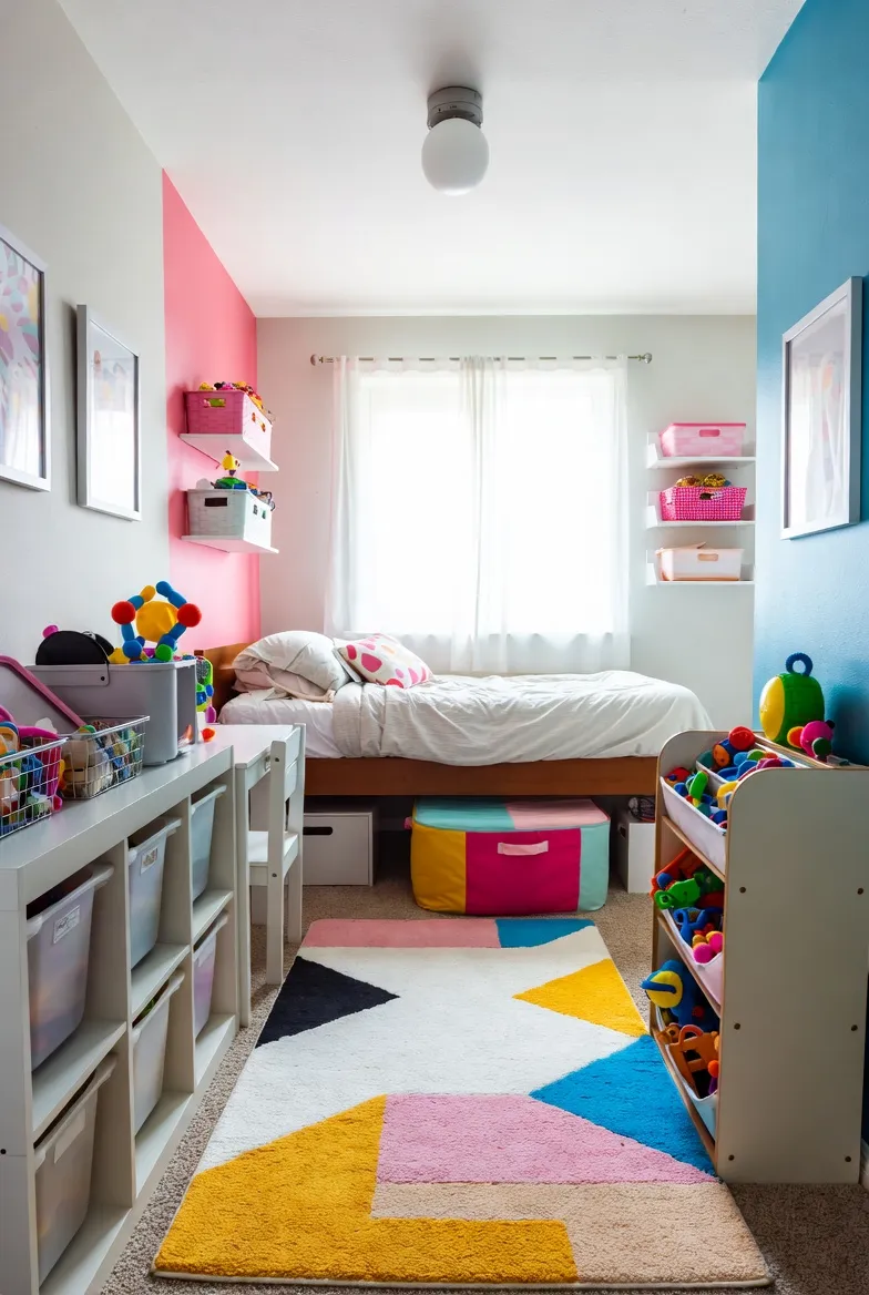 **Alt text:**
Small kids’ bedroom with a single bed under a bright window, colorful accent walls, and smart storage solutions including cube shelves, wall-mounted baskets, and toy organizers, creating an organized and space-efficient play and sleep area.
