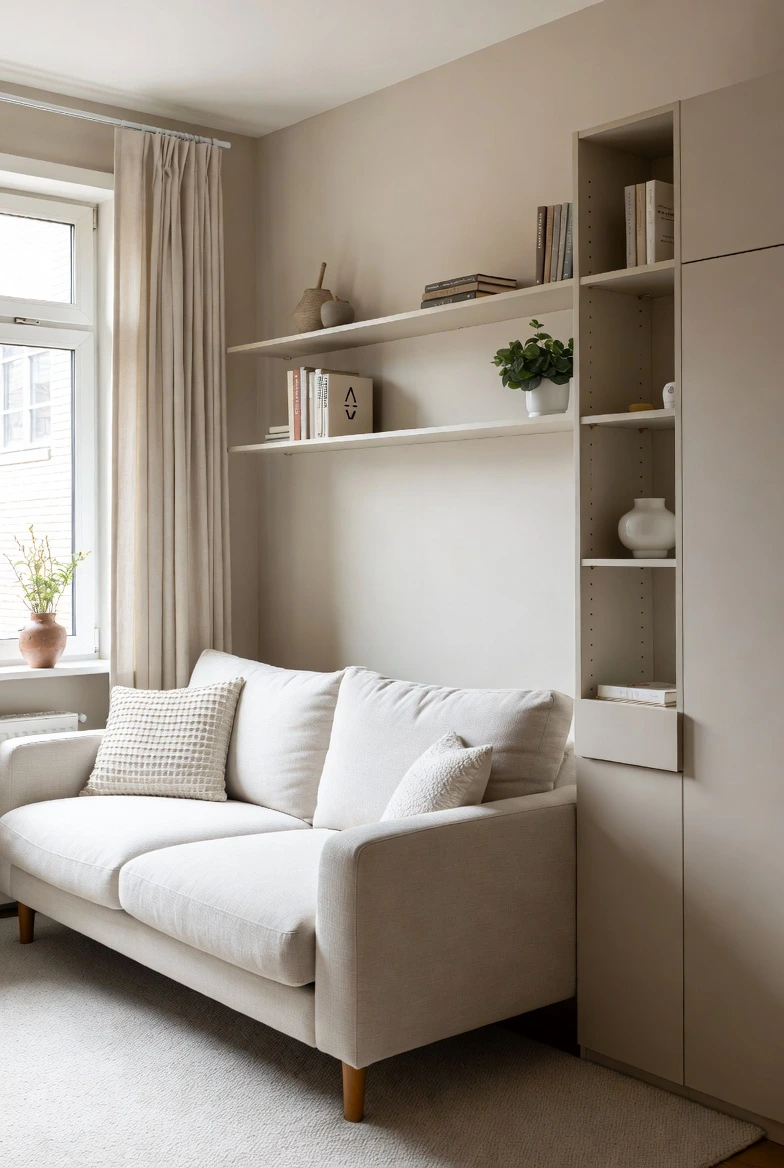 Slim storage unit placed behind a sofa in a small living room, hidden shelves holding books and decor, clever storage idea for small spaces, clean and cozy apartment interior