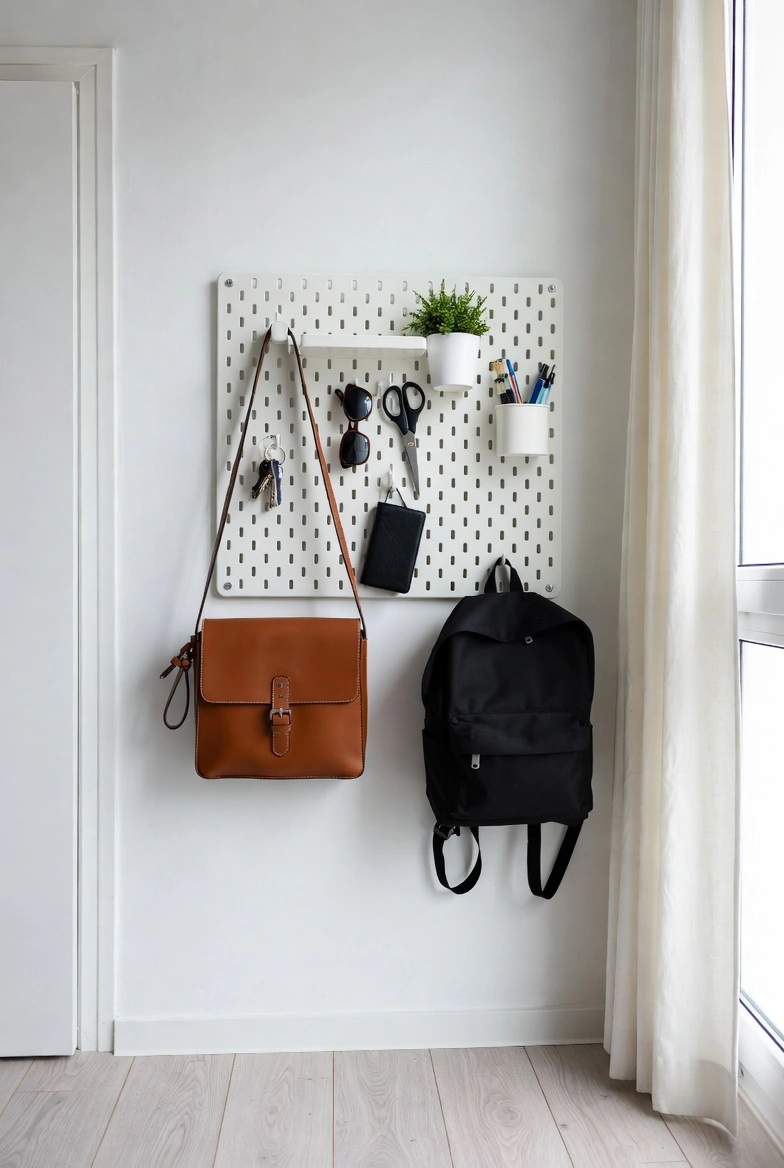 Small apartment wall with pegboard and hooks holding bags, 