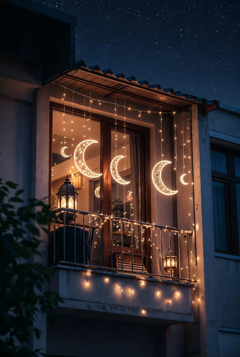 Small apartment window or balcony decorated for Ramadan, crescent moon ornaments