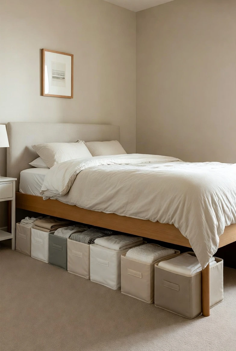 Small bedroom with under-bed storage boxes neatly organized, slim containers holding clothes and bedding,