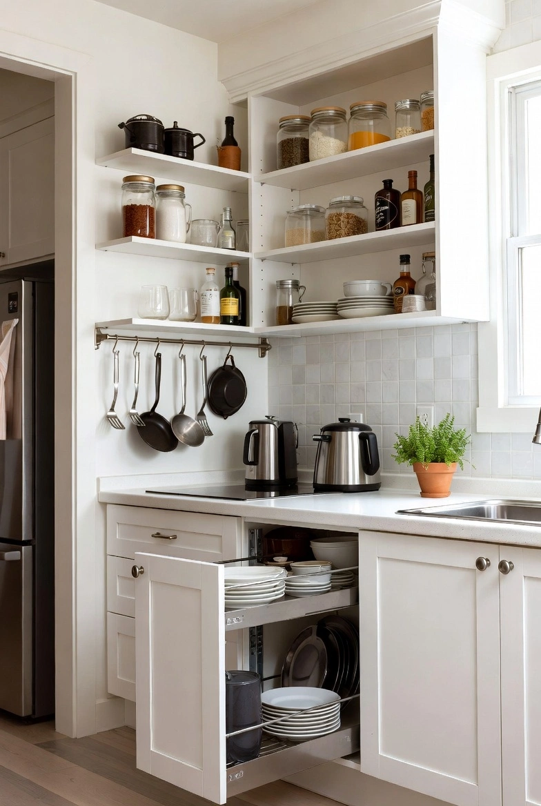 Small kitchen with smart storage hacks including wall-mounted shelves, hanging utensils,
