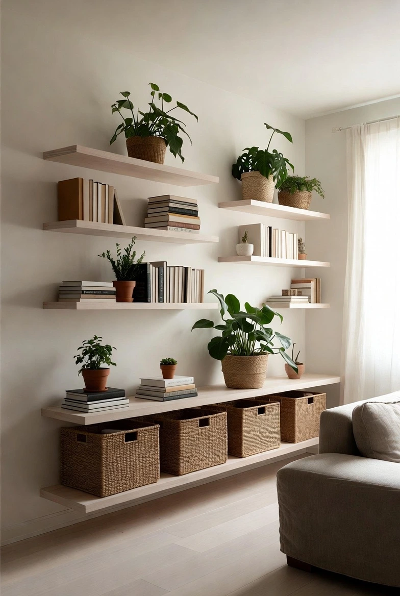 Small living room with floating wall shelves holding books, plants, and storage baskets, minimal decor, space-saving storage idea, light neutral walls, modern apartment style, realistic interior photography