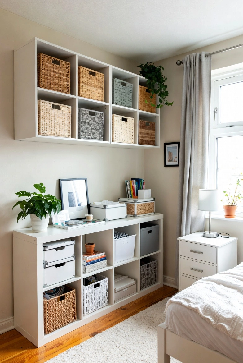 Small room featuring IKEA-inspired storage hacks with cube shelves, 