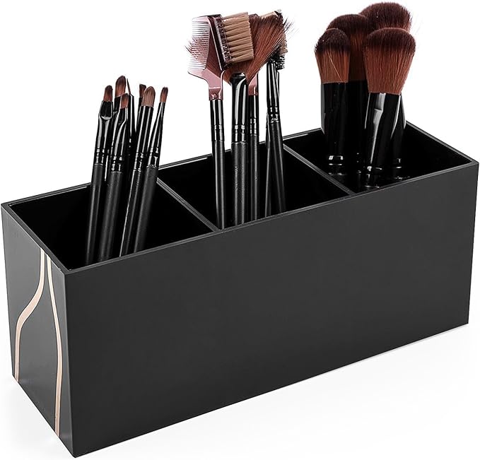 Beige acrylic makeup brush holder 3-slot organizer neatly holding makeup brushes and tools