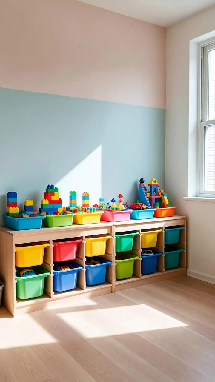 Colorful toy storage bins neatly arranged in a wooden organizer against pastel pink and mint walls in a kids’ room, with a soft teddy bear sitting on the floor beside the bins and sunlight streaming through a sheer curtain.
