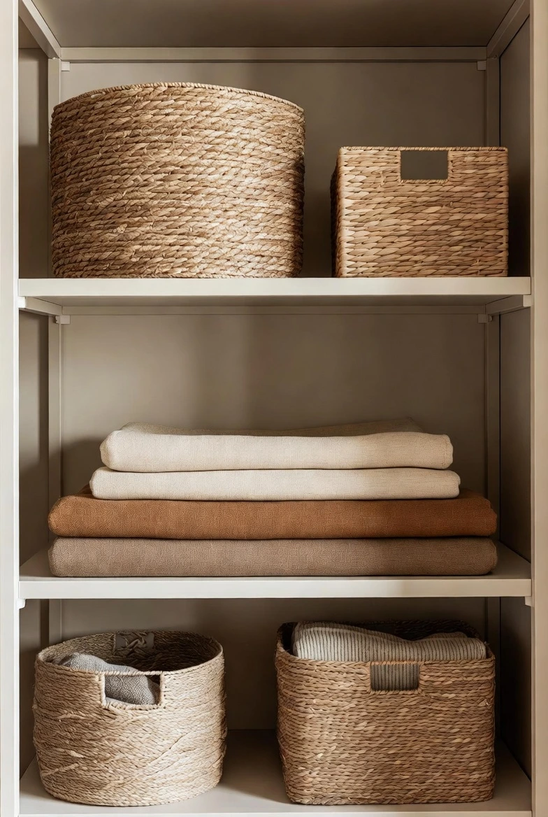 Open shelving unit with woven storage baskets and fabric bins, neatly organized items
