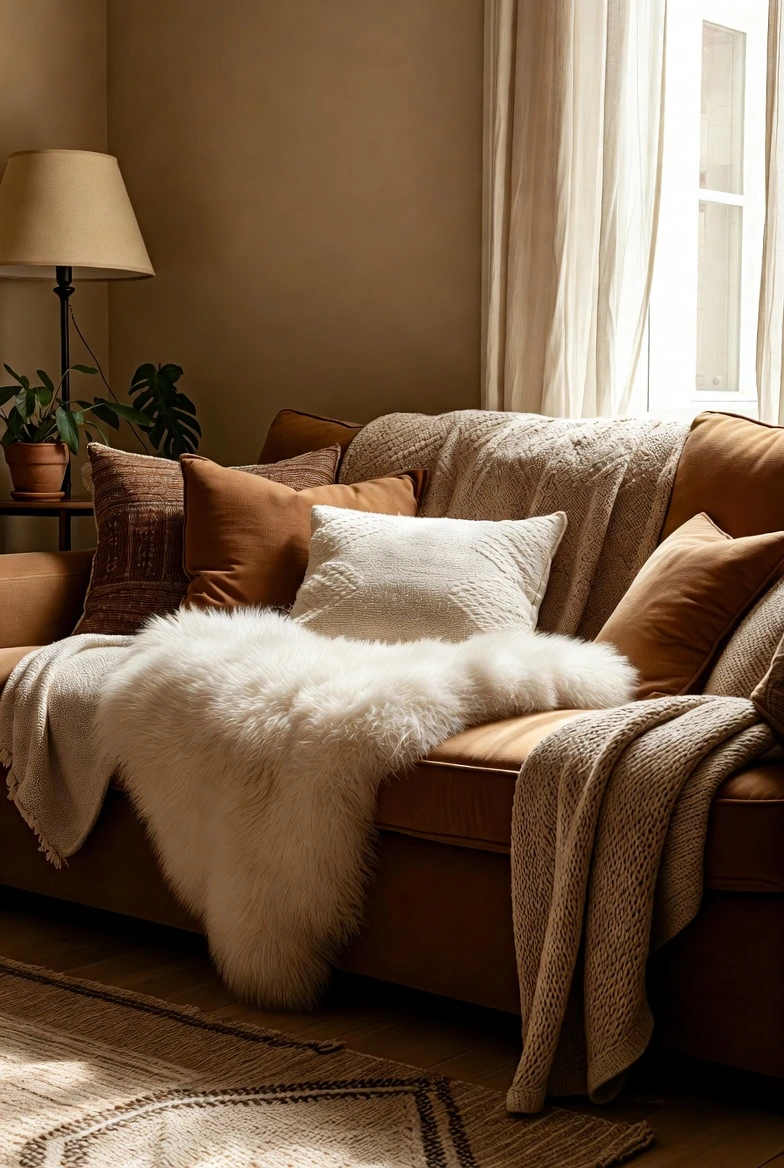 Cozy living room design with layered textures, plush sofa, soft cushions, and warm neutral living room decor ideas.