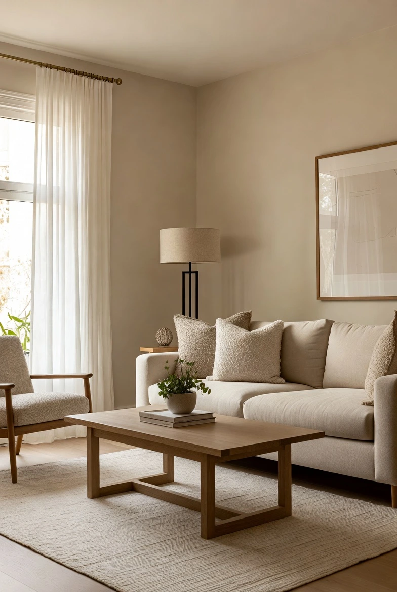 Modern living room decor featuring warm neutral colors, beige tones, and elegant minimalist living room design.