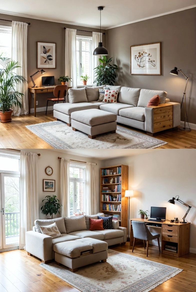 Multifunctional living room design with modular furniture, smart layout, and space-saving living room decor ideas.