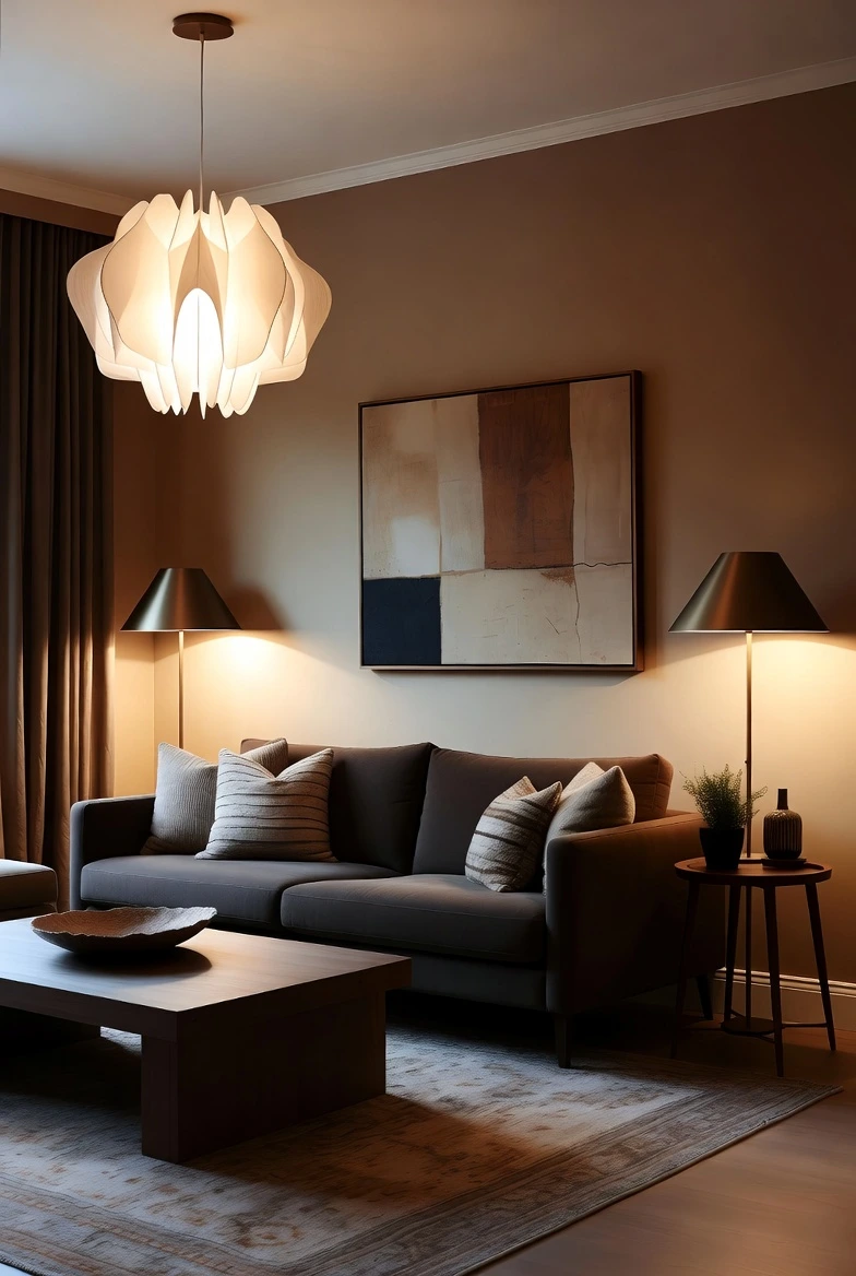 Warm minimalist living room design with simple furniture, neutral colors, and cozy living room decor ideas.