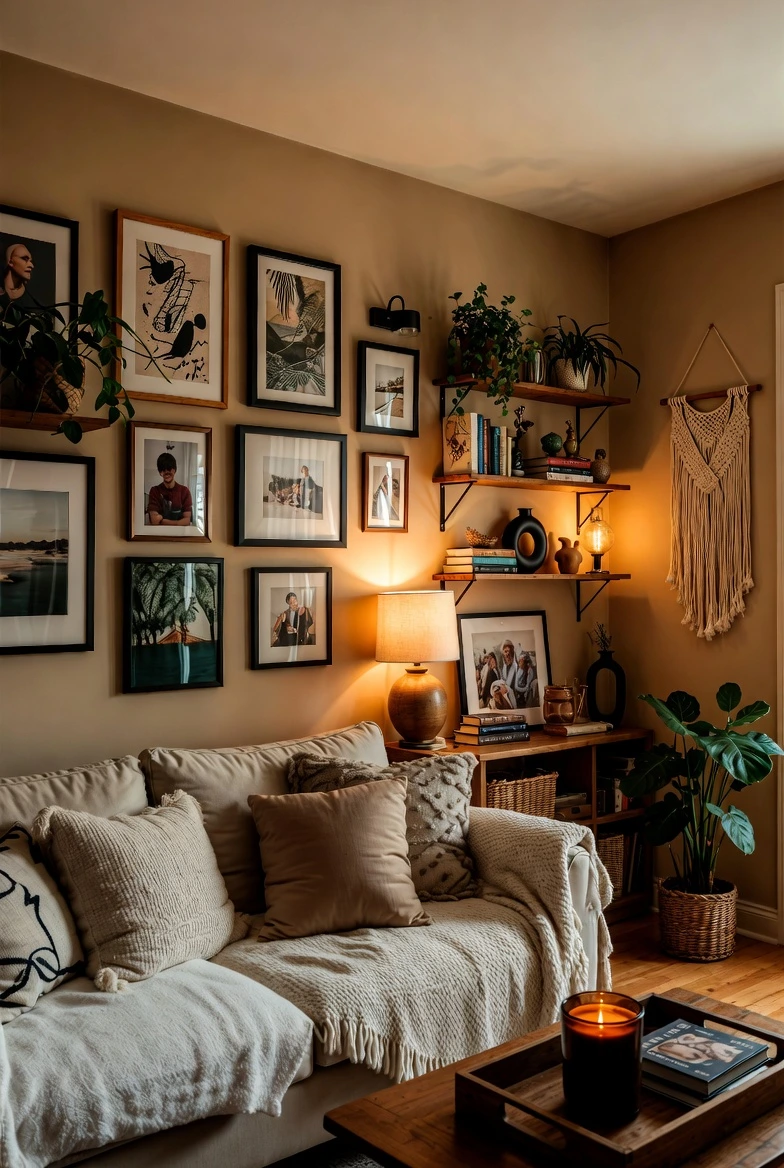 Cozy living room design with warm lighting, lamps, and inviting living room decor ideas.