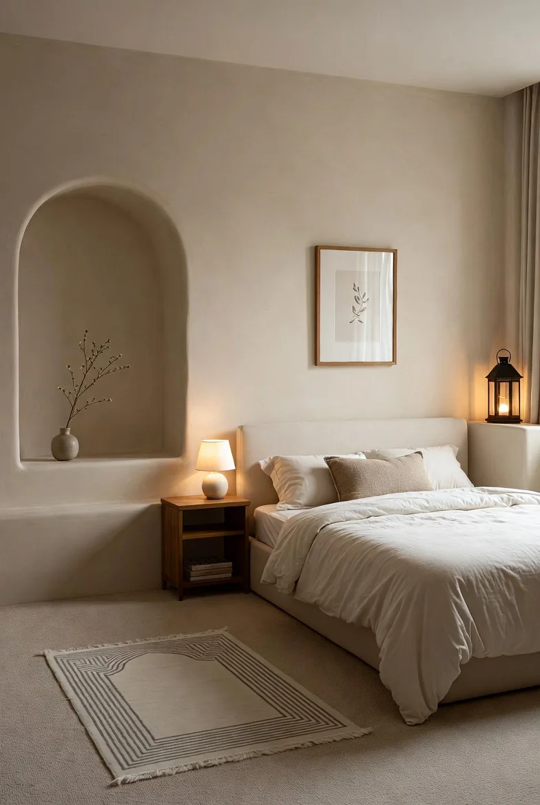 Minimalist small apartment decorated for Ramadan, clean surfaces, soft lighting, limited but meaningful decor items