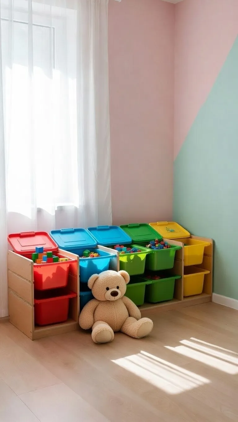 Colorful toy storage bins neatly arranged in a wooden organizer against pastel pink and mint walls in a kids’ room, with a soft teddy bear sitting on the floor beside the bins and sunlight streaming through a sheer curtain.