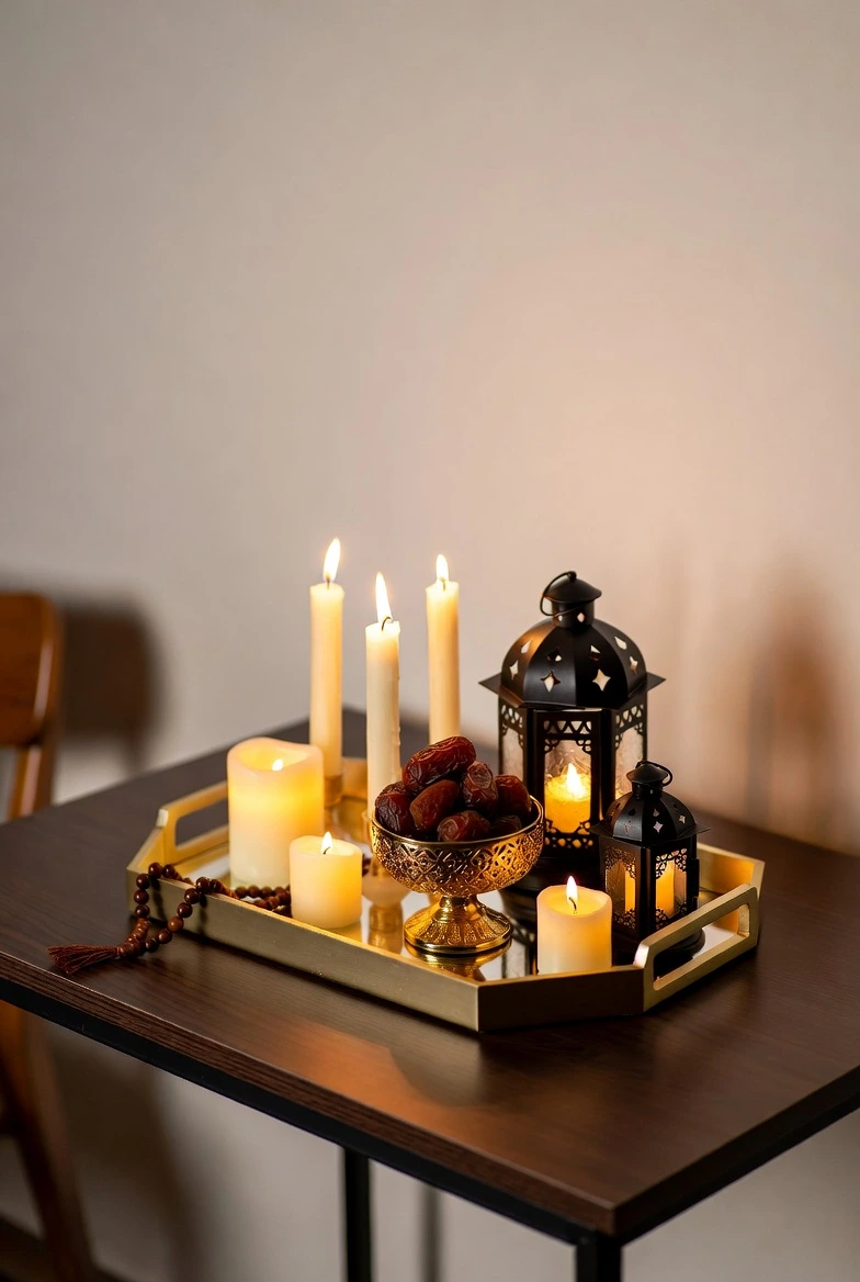 Decorative tray styled for Ramadan on a small apartment table, holding dates, candles, tasbih, and lantern