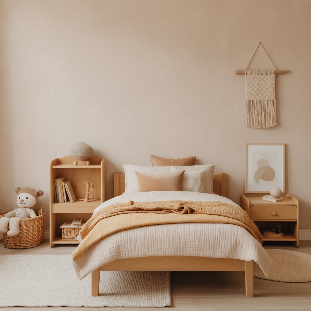A minimalist warm neutral kids bedroom featuring soft beige walls with a smooth matte finish