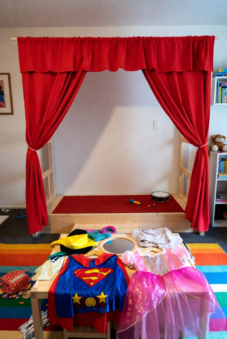 kids playroom mini theater stage with red curtains, dress up costumes, toy microphone, playful family home interior"
