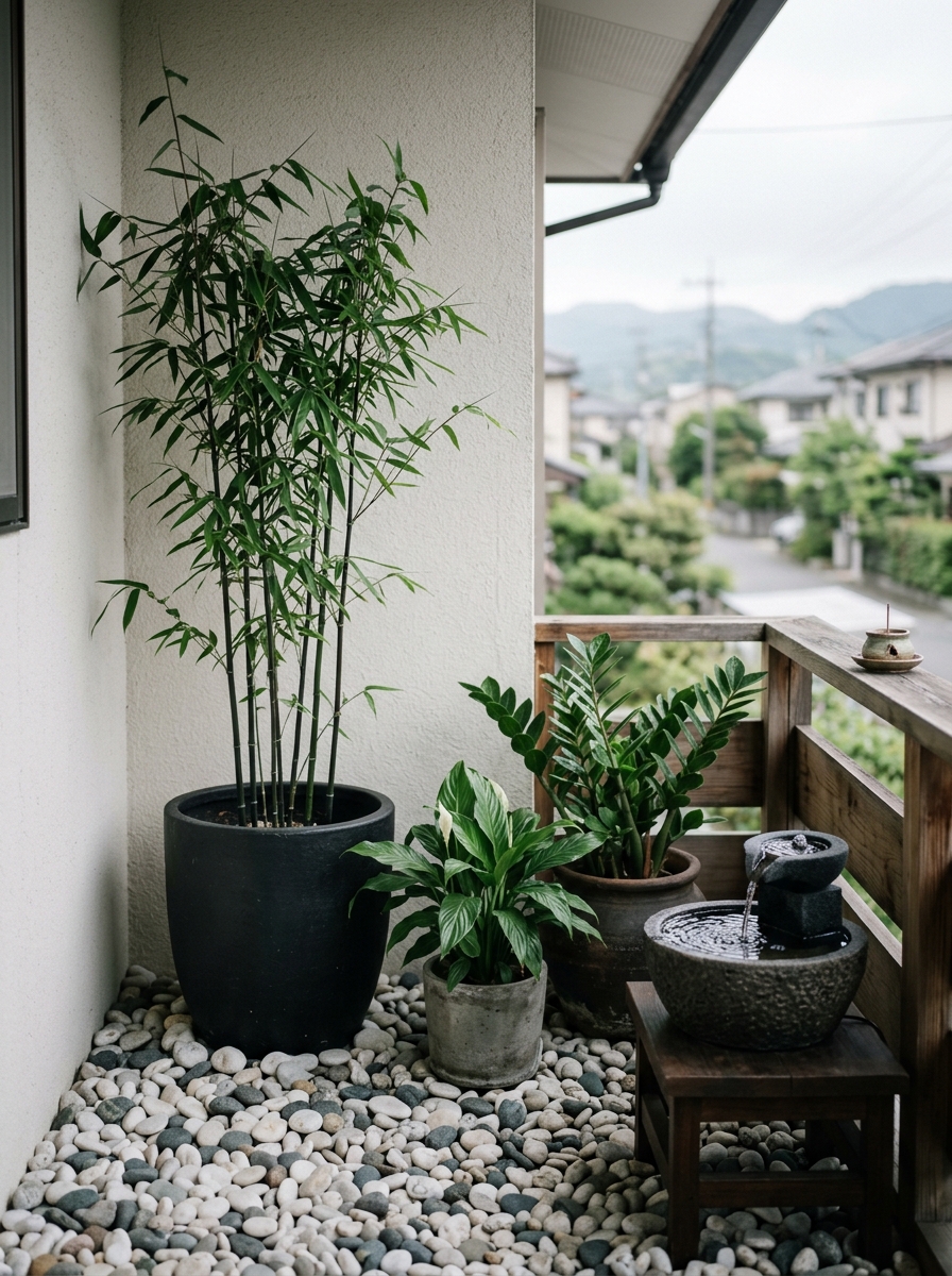 Zen Balcony Garden with Pebbles and Greenery