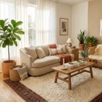 Living room carpet ideas — styled modern living room with plush cream rug and patterned Persian carpet layered together