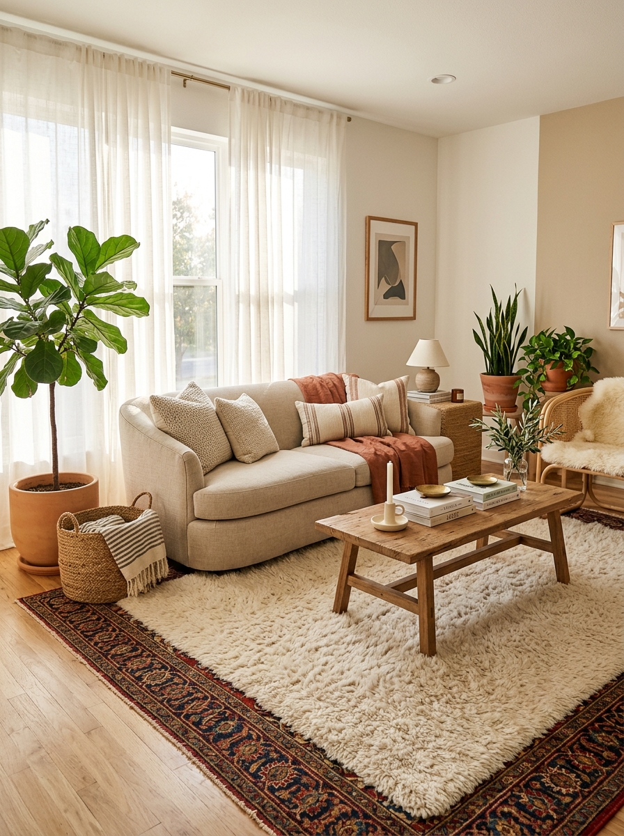 Living room carpet ideas — styled modern living room with plush cream rug and patterned Persian carpet layered together