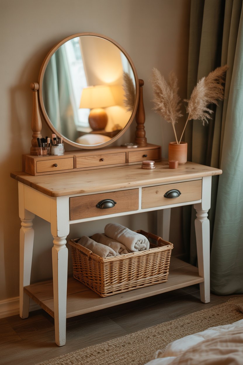 A gorgeous farmhouse style makeup vanity table