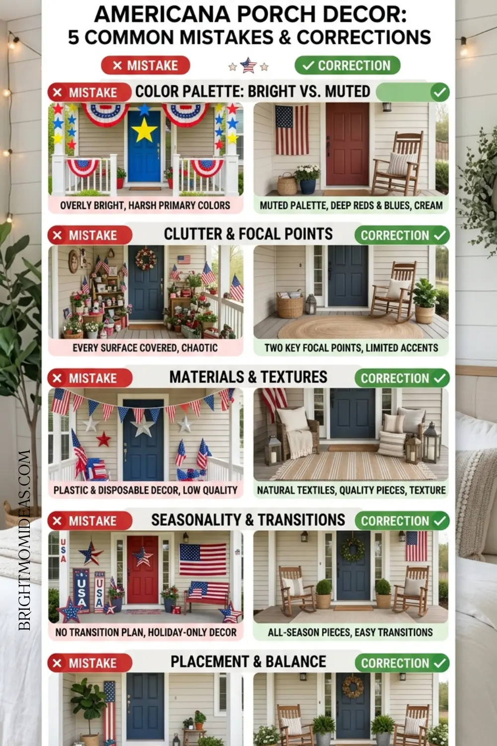 Educational comparison of five classic Americana 
porch decorating mistakes and their correct 
alternatives
