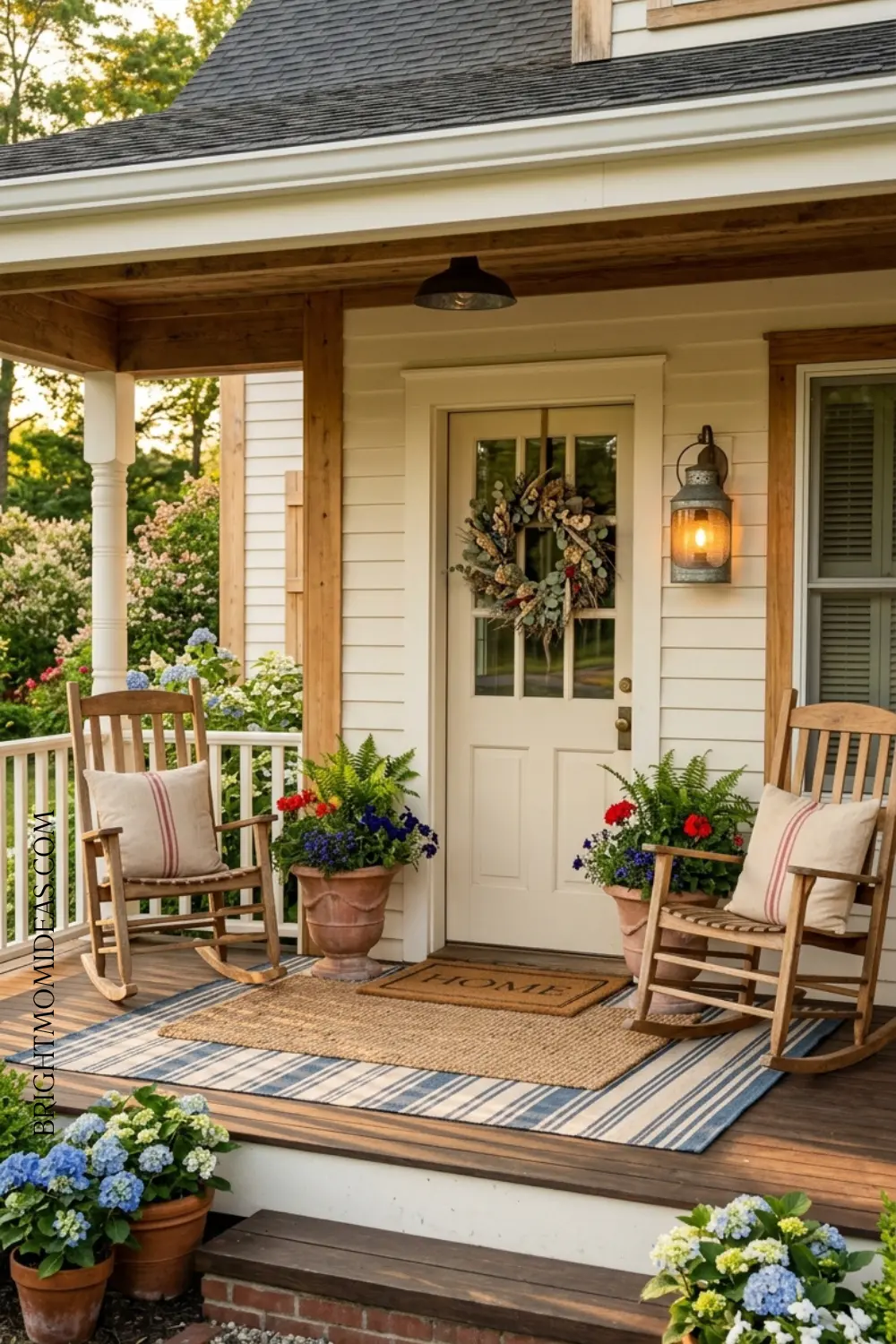 Complete classic Americana front porch with rocking 
chairs striped rug planters natural textile wreath 
and glowing galvanized lantern at golden hour