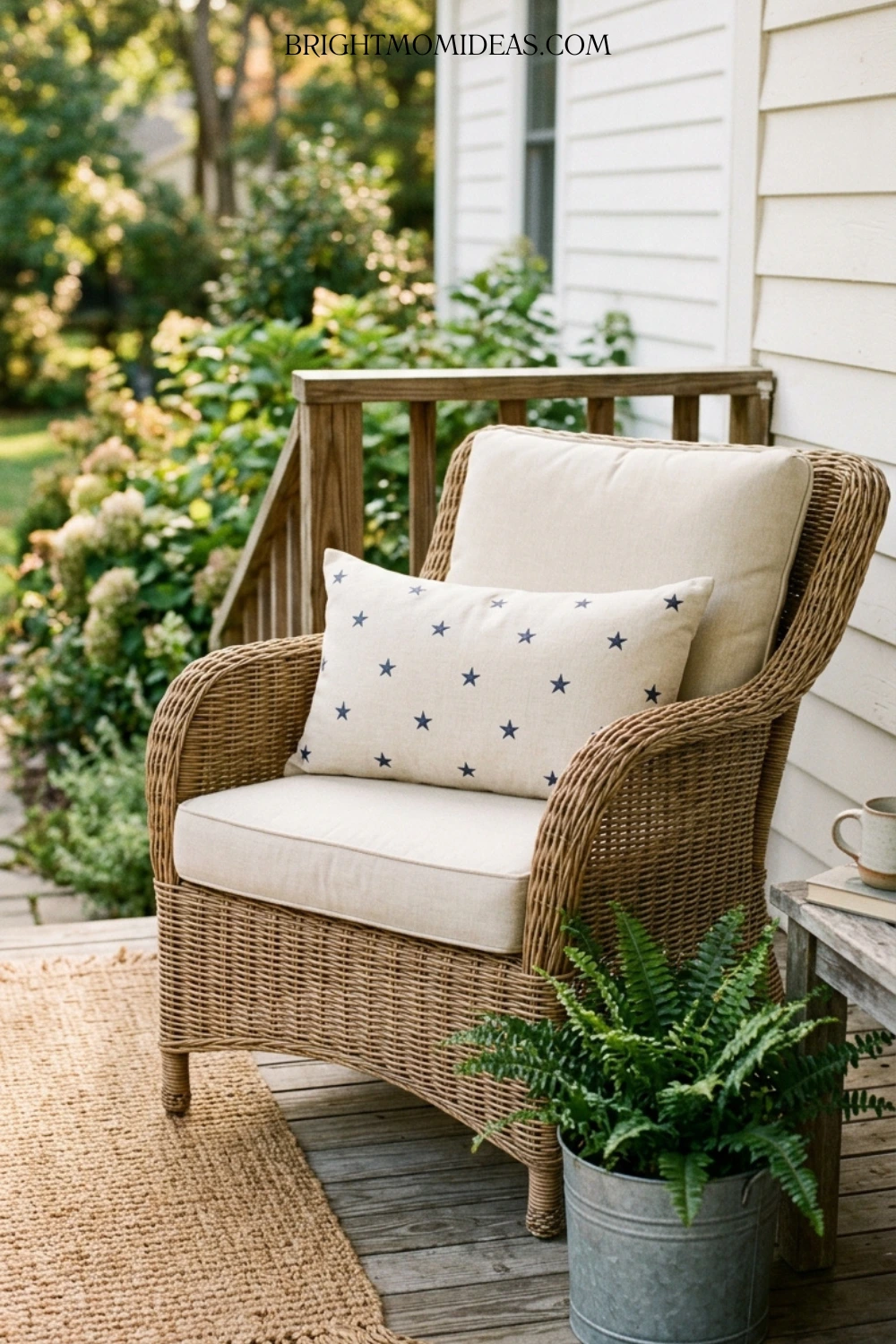 Pair of natural wood porch rocking chairs with 
deep brick red grain sack style pillow covers