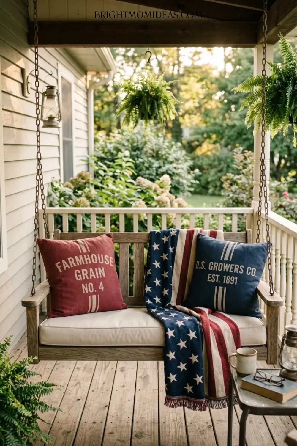 Natural wood porch swing with cream cushion star 
pattern throw blanket and grain sack pillows in 
red and navy