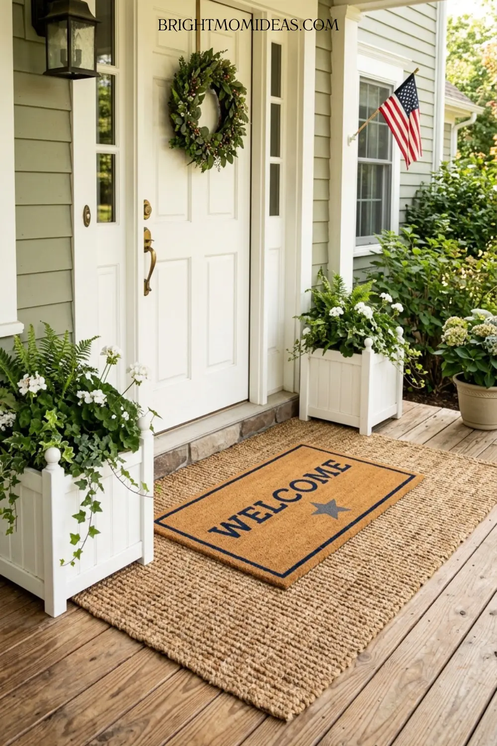 Layered doormat setup with large jute base mat 
and smaller navy star welcome mat at classic 
Americana front door