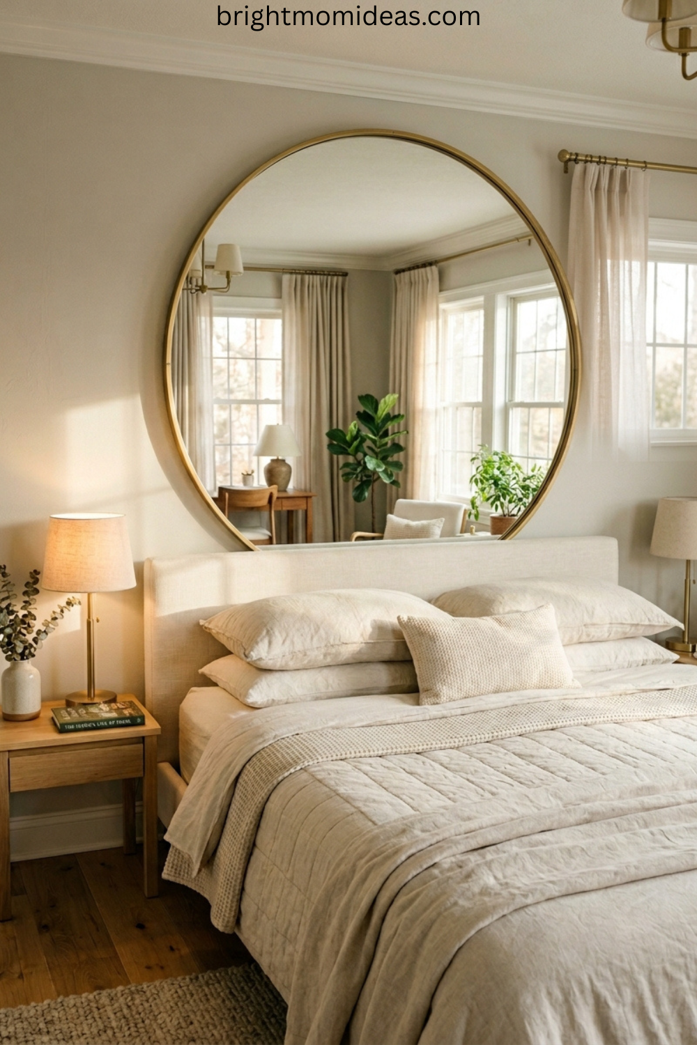 round mirror above bed bedroom wall decor idea reflecting light
