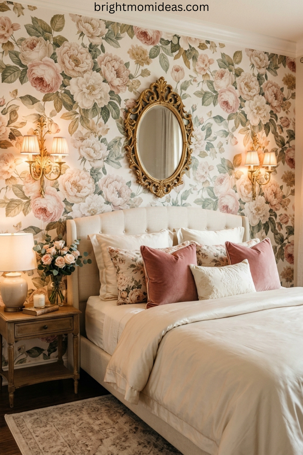 romantic bedroom wall decor with floral wallpaper and ornate gold mirror