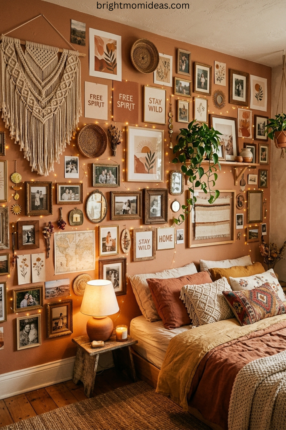 bohemian bedroom wall decor with layered gallery wall and macrame hanging