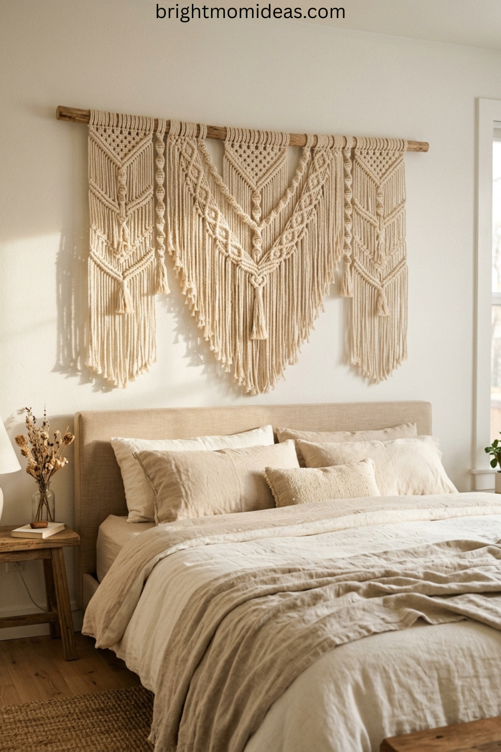 woven wall hanging macrame bedroom wall decor in natural cotton above bed