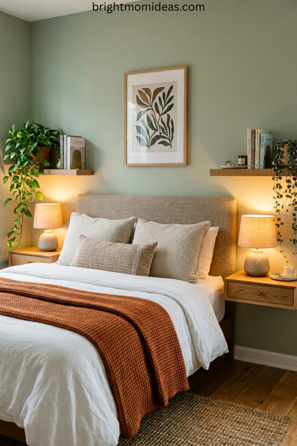 floating shelves bedroom wall decor with plants books and ceramic objects