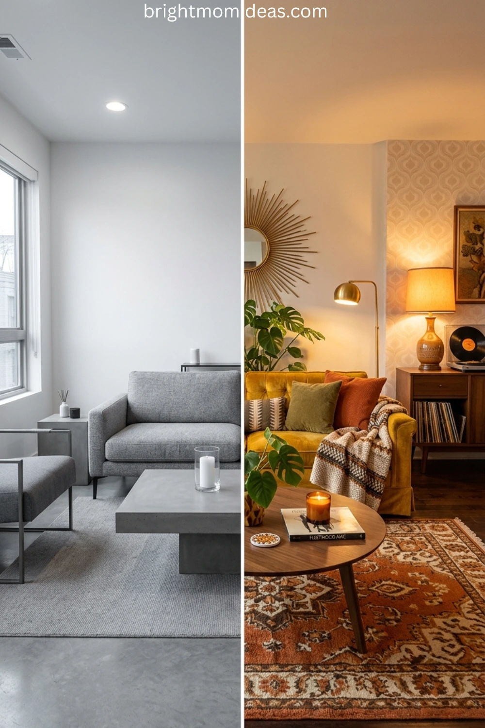 A side by side emotional comparison of a cold modern minimalist living room versus a warm retro style living room