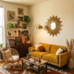 A breathtaking retro style living room reveal showing the complete space in one beautifully composed wide angle frame