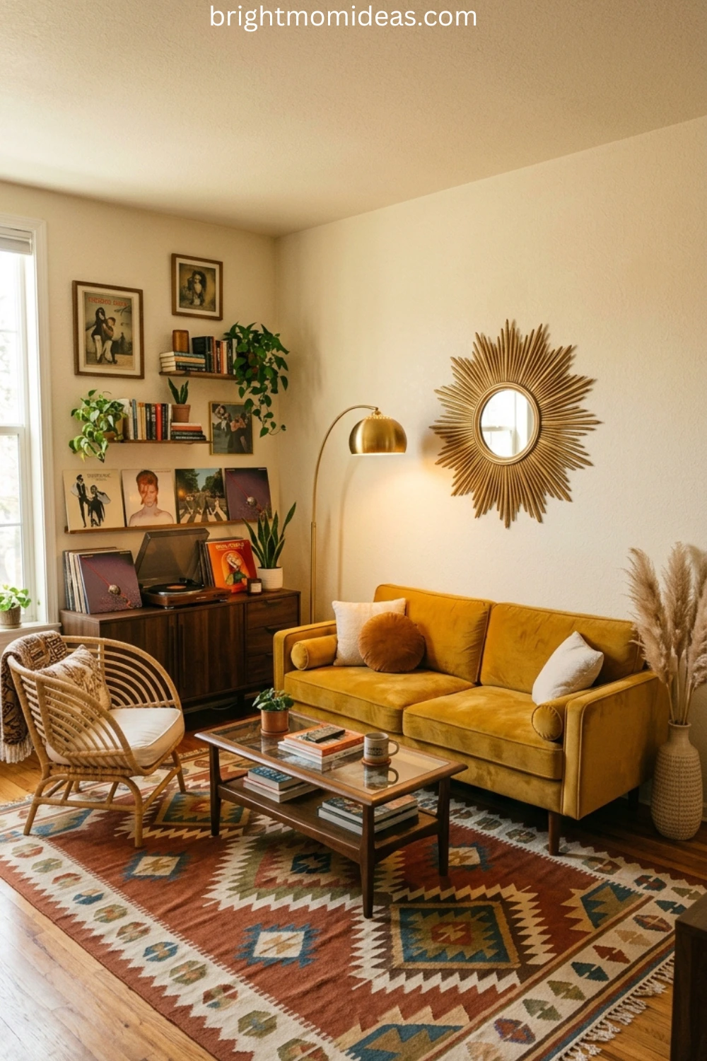 A breathtaking retro style living room reveal showing the complete space in one beautifully composed wide angle frame