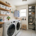 small laundry room with storage