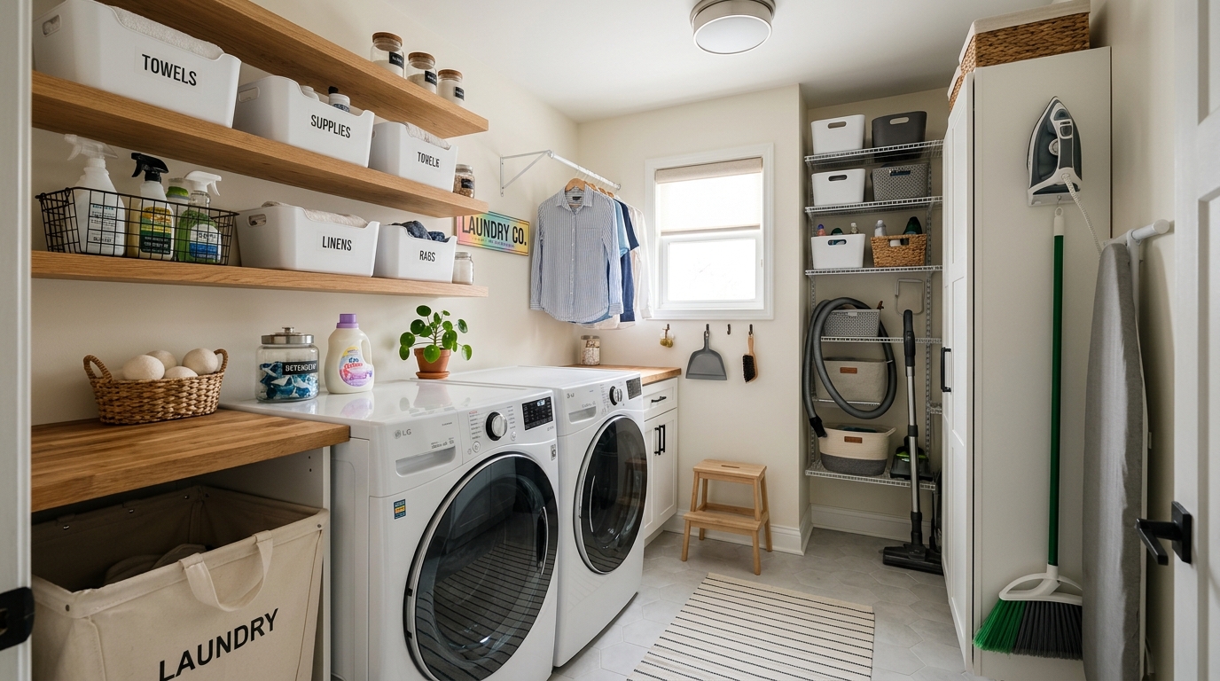 small laundry room with storage