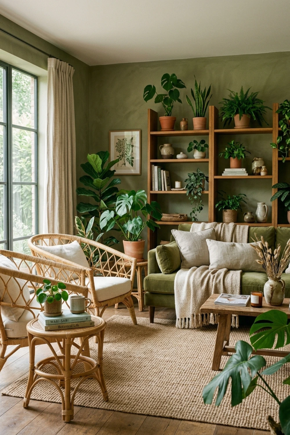  Olive Green With Natural Wood and Woven Rattan