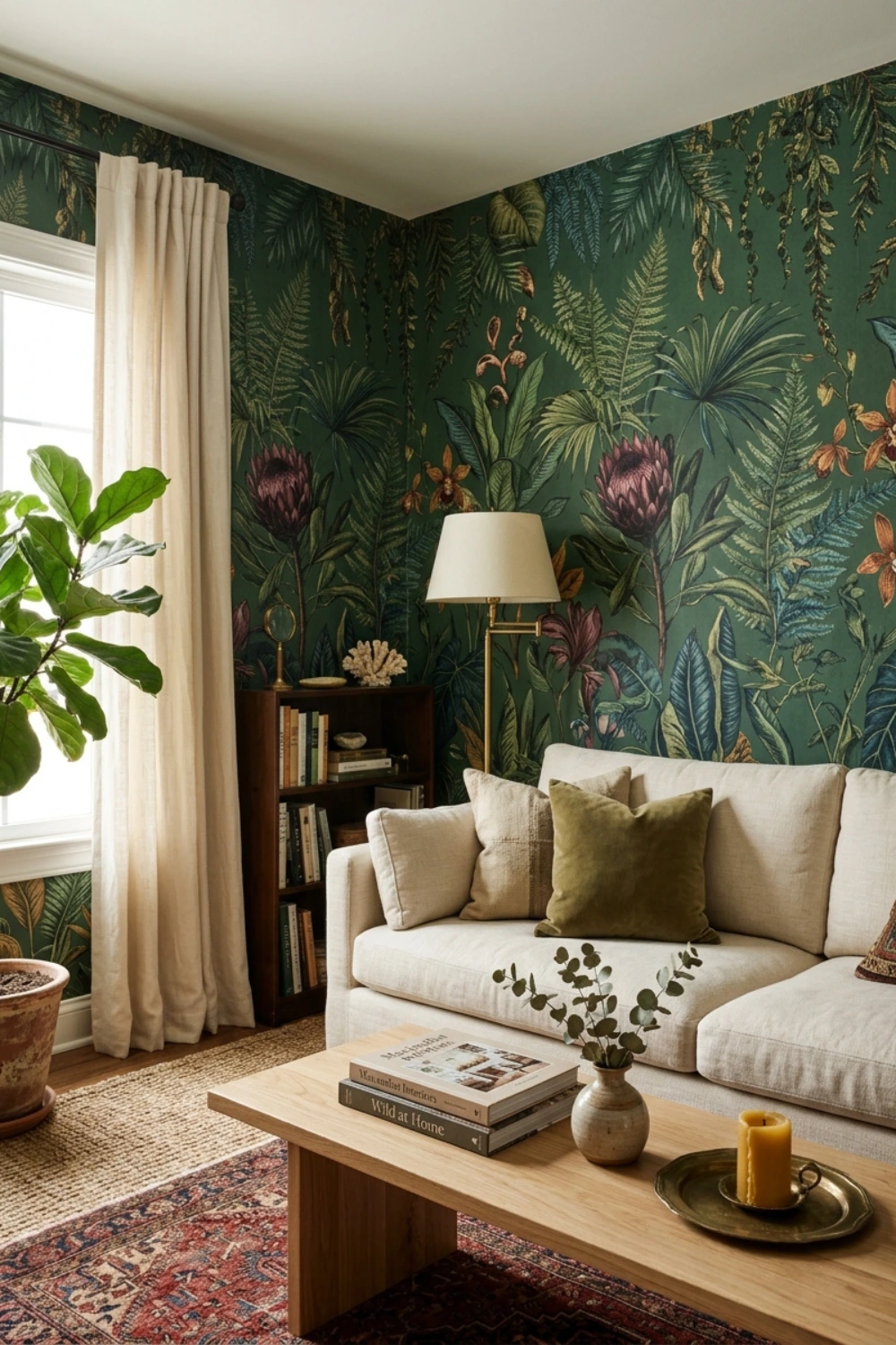 Forest Green Botanical Wallpaper on All Four Walls
