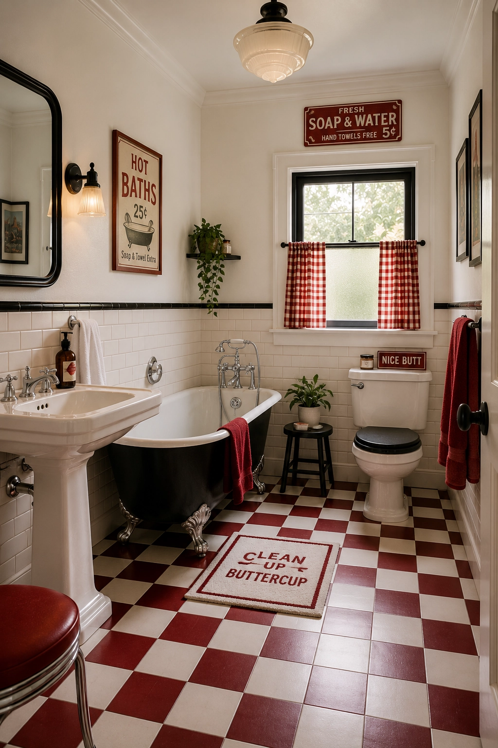 Red and white checkerboard tile bathroom floor with clawfoot tub