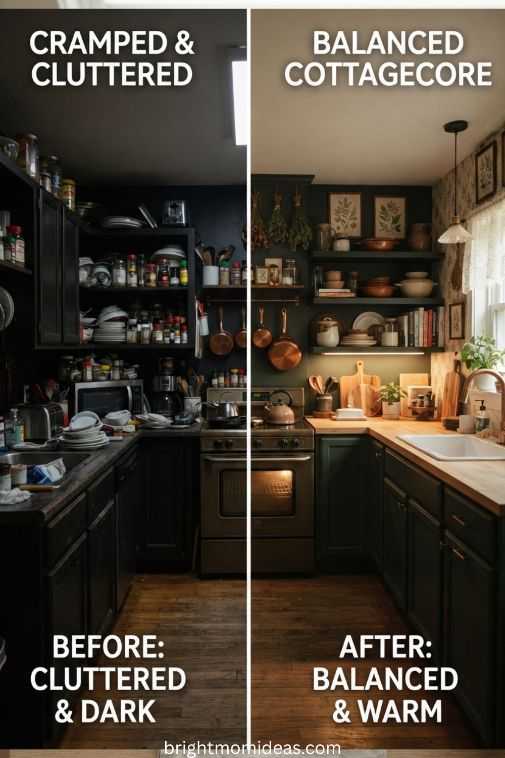 moody dark cottagecore kitchen island with iron hardware and warm lighting
