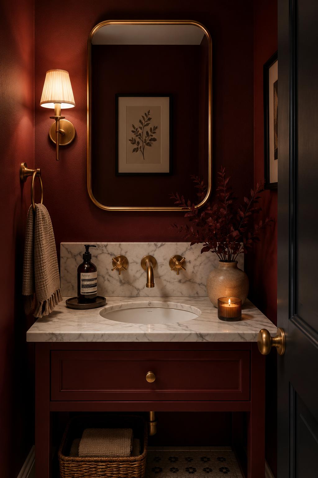 Deep merlot red bathroom walls with brass fixtures and white countertop"